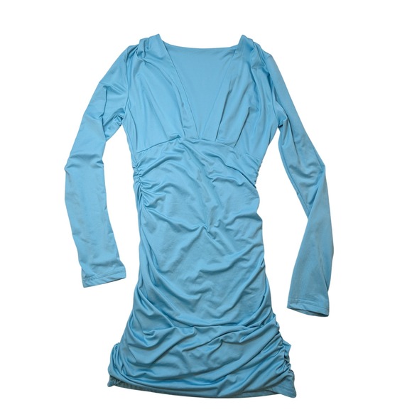 Unbranded Dresses & Skirts - Light Blue Long Sleeve Ruched Bodycon Dress V-Neck Mini Dress